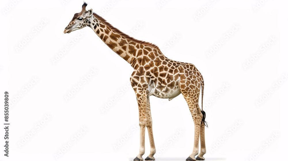 Obraz premium A giraffe, with its long neck and distinctive pattern, stands gracefully on a white background, its head reaching towards the sky. The image highlights the animals unique features and its adaptation