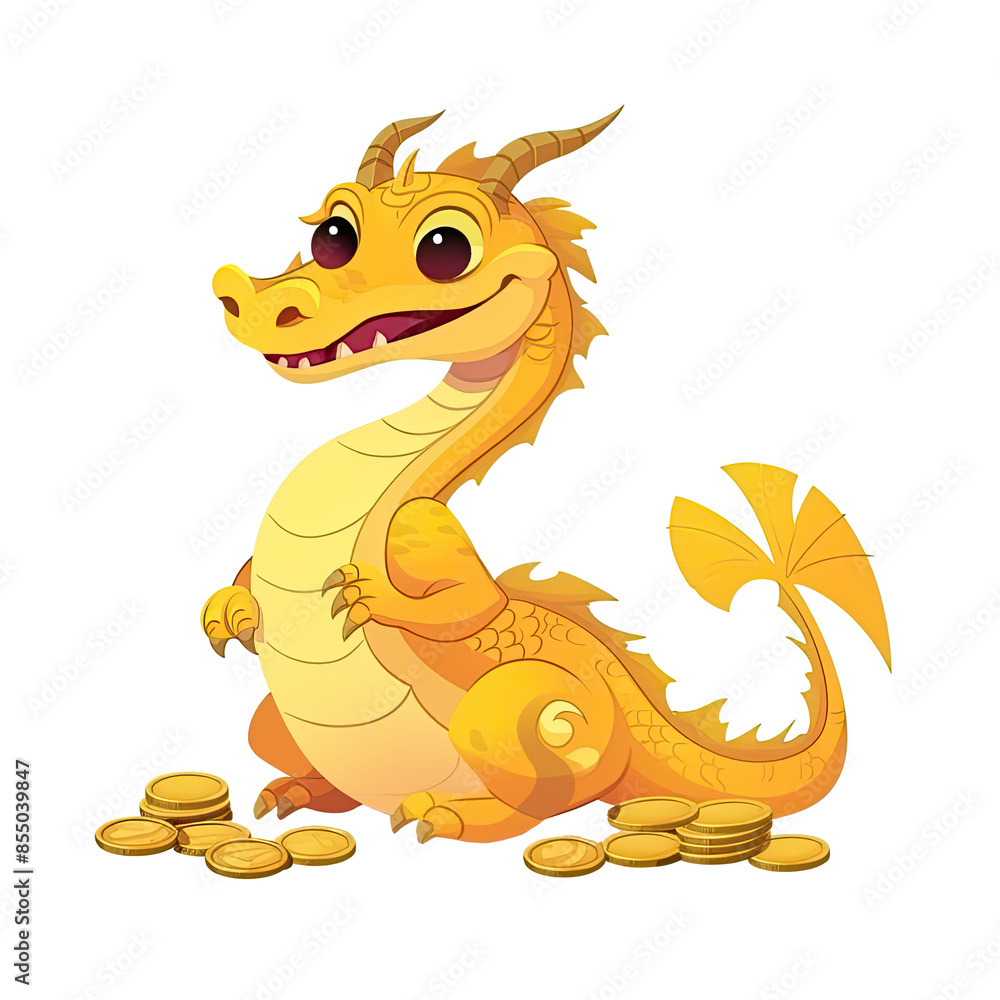 Fototapeta premium An illustration of a yellow dragon and golden coins
