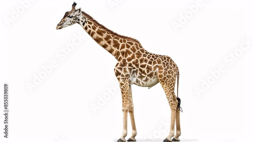 A giraffe, with its long neck and distinctive pattern, stands gracefully on a white background, its head reaching towards the sky. The image highlights the animals unique features and its adaptation