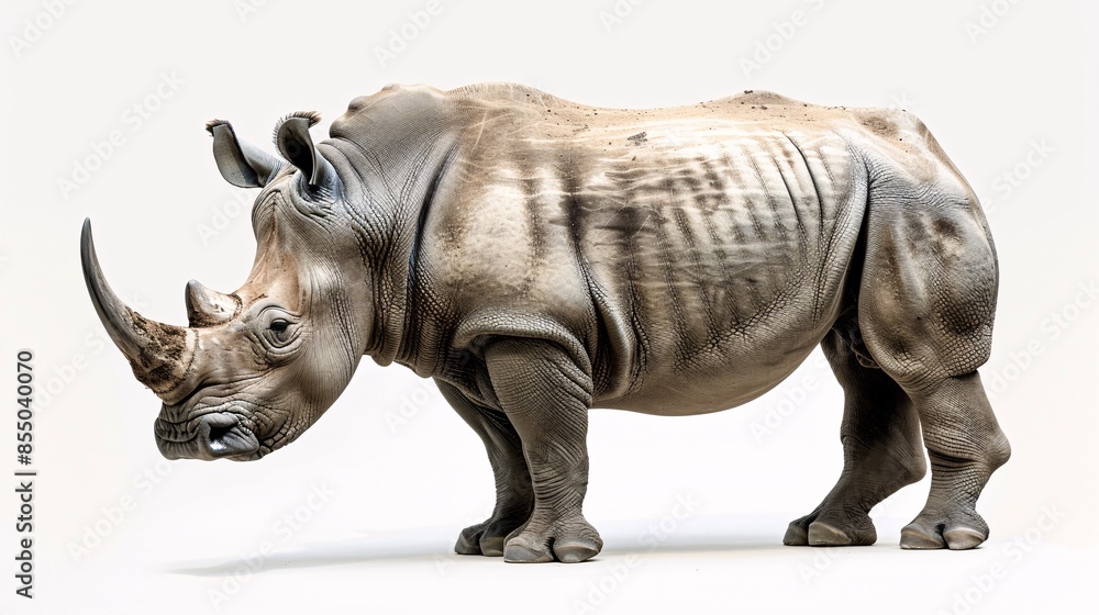 Fototapeta premium Rhinoceros A massive rhinoceros, with its thick, gray hide and imposing horns, stands confidently on a white background, its presence commanding respect. The image highlights the animals strength and