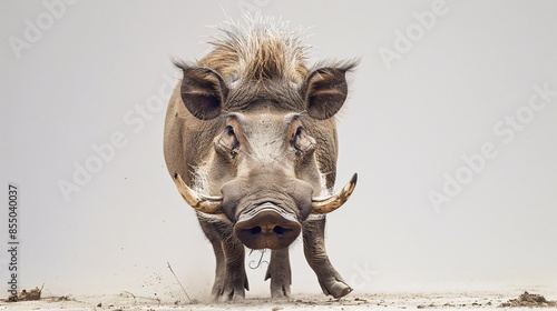 A warthog, with its distinctive tusks and bristly coat, stands on a white background, its face conveying a mix of curiosity and wariness. The image captures the animals resilience and adaptability to