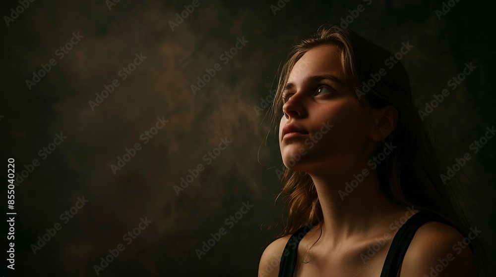 Portrait of a woman face on the dark background in a photo studio. Portrait of a woman face on the dark background in a photo studio.
