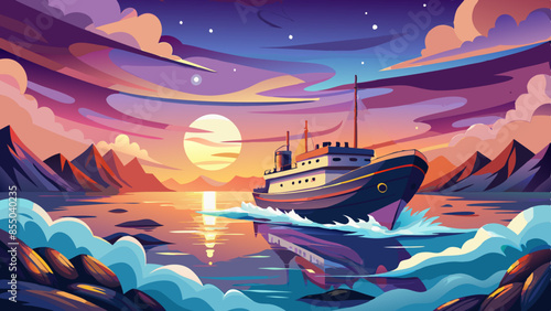 featuring the tranquil wake of a ship against a twilight sky
