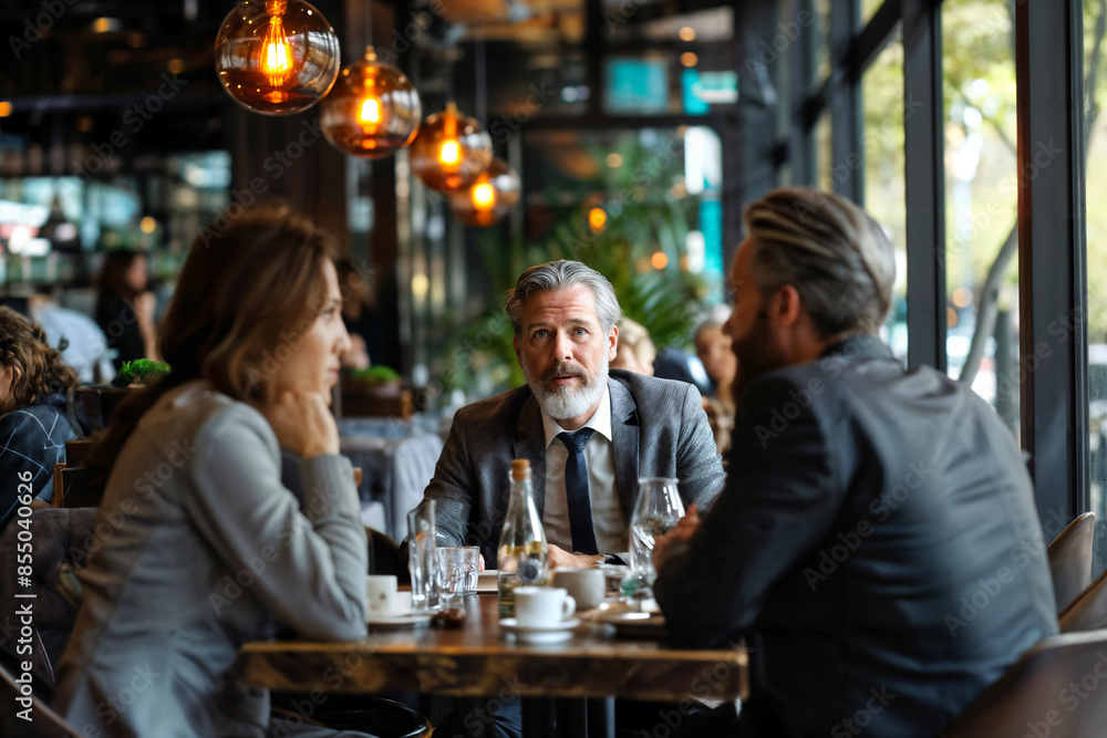 Business Meeting in Modern Coffee Shop with Warm Lighting Business Meeting in Modern Coffee Shop with Warm Lighting