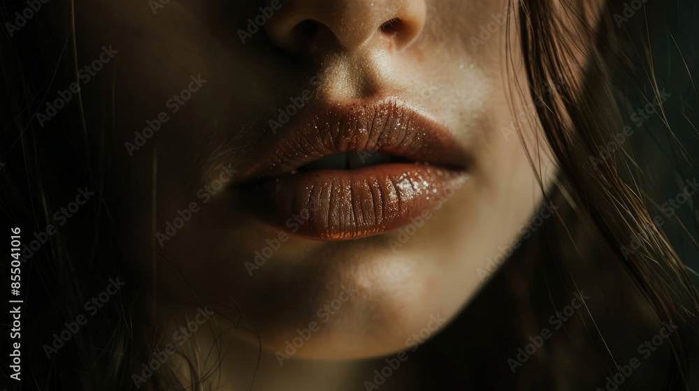 Expression of Determination: Woman's Lips Pressed Firmly Together Showing Resolve and Strength Expression of Determination: Woman's Lips Pressed Firmly Together Showing Resolve and Strength