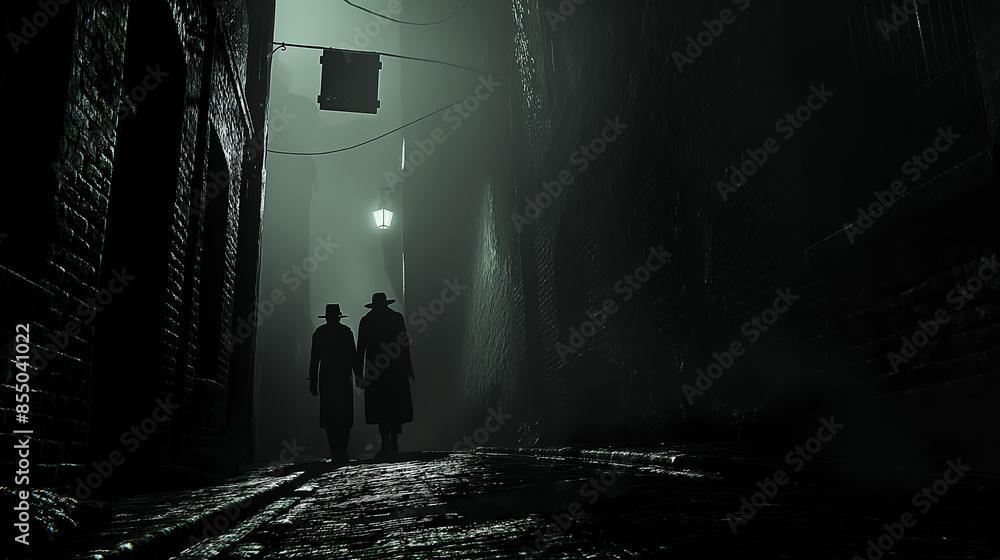 Two figures walk through a dark, foggy alleyway, their silhouettes barely visible against the dim light of a street lamp. Two figures walk through a dark, foggy alleyway, their silhouettes barely visible against the dim light of a street lamp.