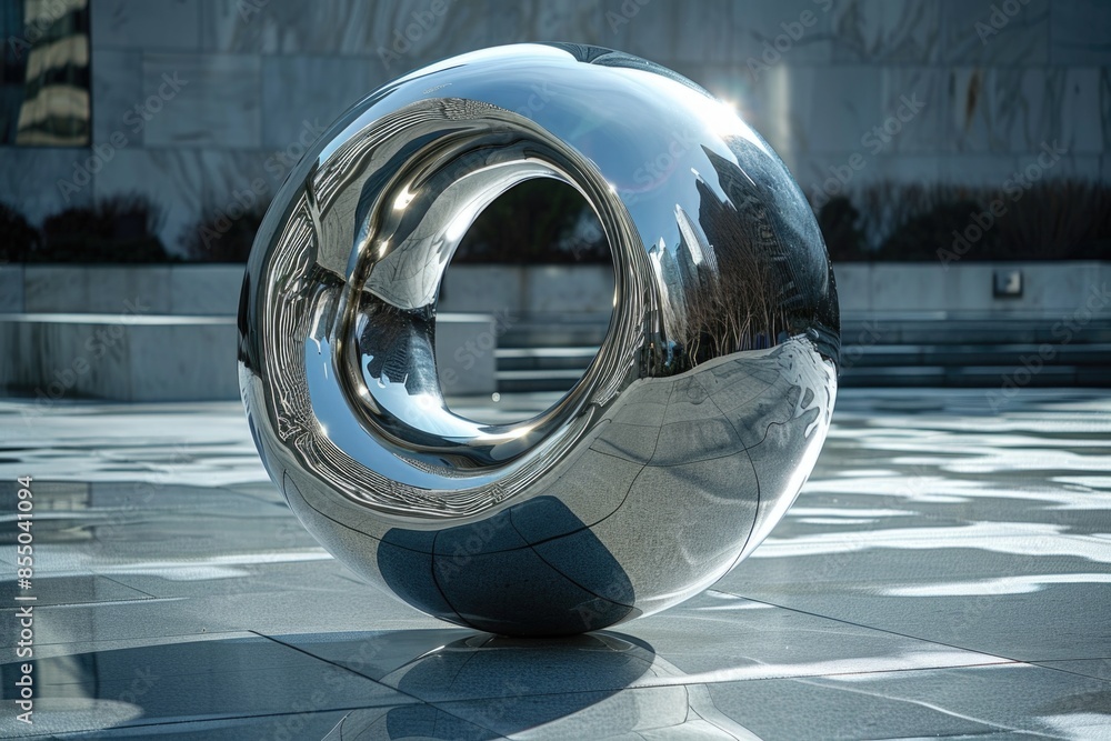 A shiny metallic sculpture reflects its urban environment, emphasizing ...