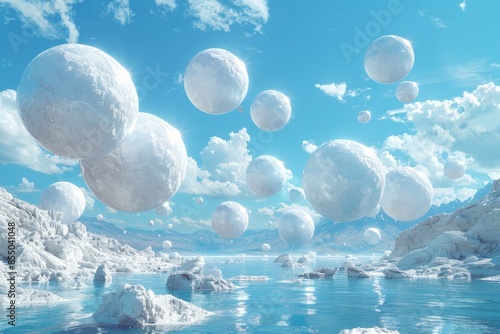 An imaginative landscape portraying large white orbs levitating over a frozen, icy terrain under a clear blue sky filled with clouds photo