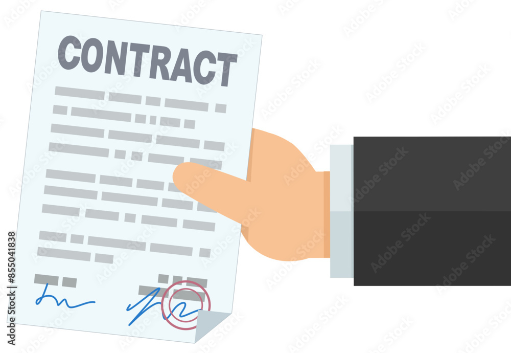 A hand holds a signed and stamped contract in a flat design style (cut out) A hand holds a signed and stamped contract in a flat design style (cut out)