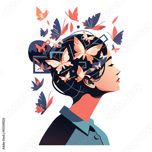 Self knowledge and development, profile head of woman with butterfly inside. Transformation, metamorphosis. Butterfly as process self-discovery, understanding, evolution, growth. Vector illustration