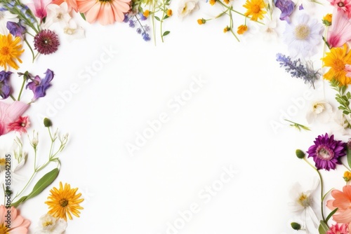 Watercolor flowers. Frame made of wild flowers on a white background. Flat lay. Floral pattern. Floral background.