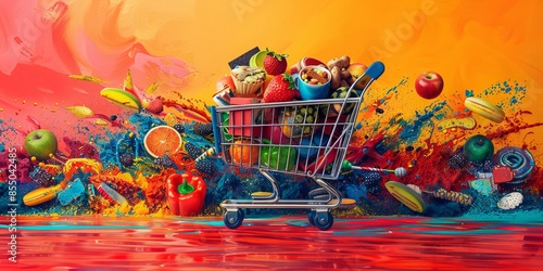 Vibrant Shopping Cart Full of Groceries in Abstract Neon Environment photo