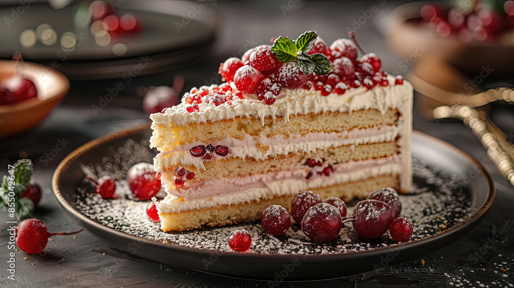 Sliced Berry Cake with Fresh Berries and Whipped Cream on Rustic Table Sliced Berry Cake with Fresh Berries and Whipped Cream on Rustic Table
