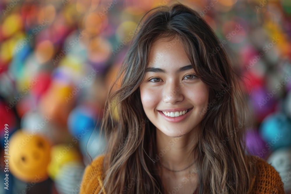A bright portrait of an Asian girl who has long and fluffy hair, beautiful eyes, and an attractive smile is staring with a happy face. with a background decorated with numerous hearts. A bright portrait of an Asian girl who has long and fluffy hair, beautiful eyes, and an attractive smile is staring with a happy face. with a background decorated with numerous hearts.