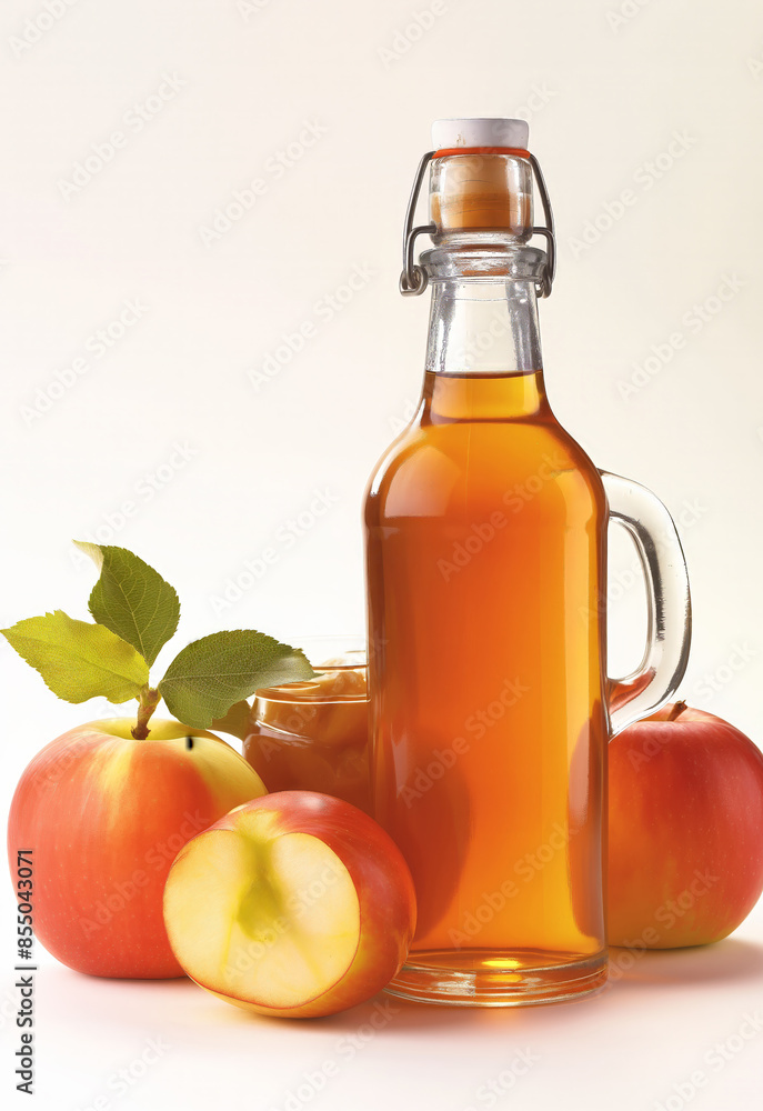 A cider bottle with a glass next to it, accompanied by two apples, set on a white background in the bright midday sun. Ultra-detailed and clear. A cider bottle with a glass next to it, accompanied by two apples, set on a white background in the bright midday sun. Ultra-detailed and clear.