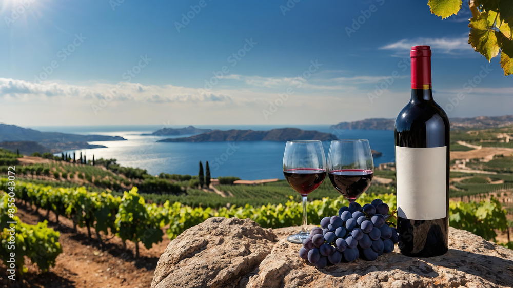 Bottle of red wine with blank label with two glasses of wine and grapes sitting on rock in vineyard Bottle of red wine with blank label with two glasses of wine and grapes sitting on rock in vineyard