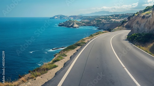 A long road with a beautiful ocean view in the background. The road is empty and the water is calm