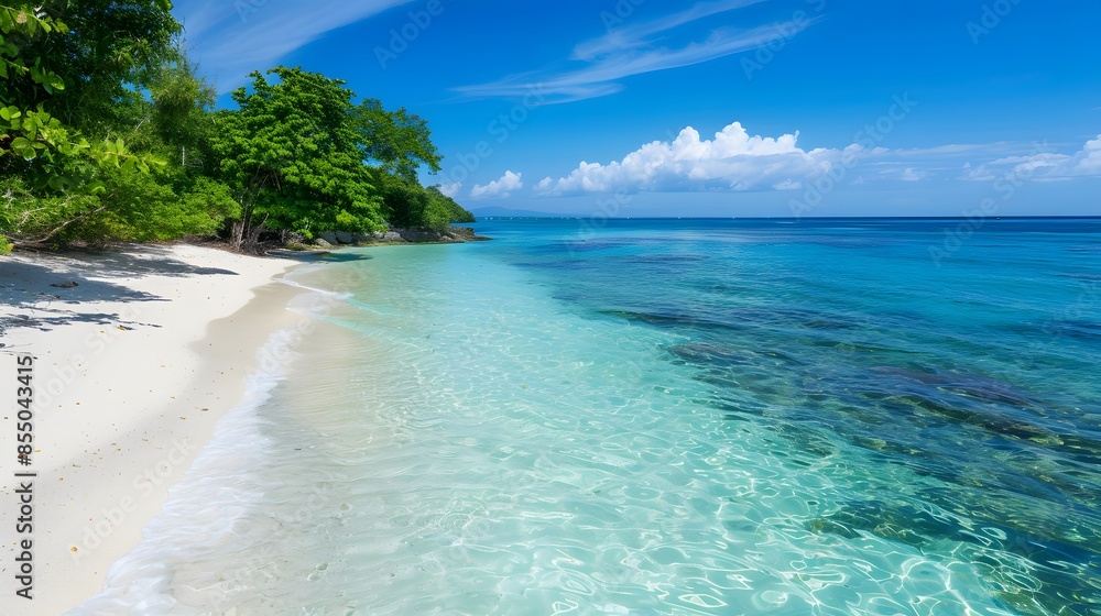 A beautiful beach with a clear blue ocean and a few trees in the background. Scene is peaceful and relaxing A beautiful beach with a clear blue ocean and a few trees in the background. Scene is peaceful and relaxing