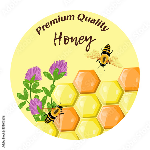 Honeycomb with clovers. Sweet honey and bees. Logo for shop or bakery.