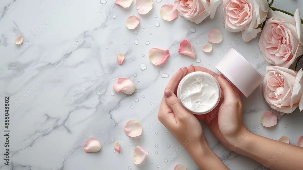 Luxurious Skincare Routine with Cream and Rose Petals on Marble Surface Luxurious Skincare Routine with Cream and Rose Petals on Marble Surface