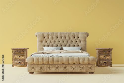 Cozy bedroom featuring a tufted fabric bed frame and rustic wooden nightstands, isolated on solid pale yellow background.