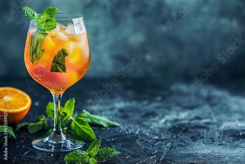 A close shot of a wine glass with ice and mint liqueur, cognac, and sparkling wine against a clean dark backdrop with a big space for text, Generative AI