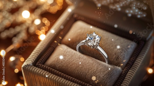 Shiny diamond ring in a decorative box on a brown background. © xelilinatiq