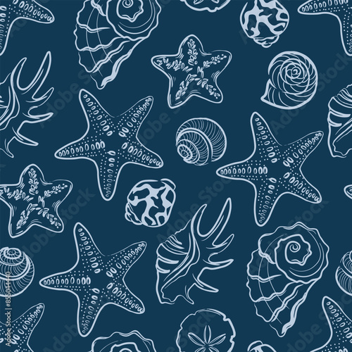 Seamless seashell pattern on dark blue background.