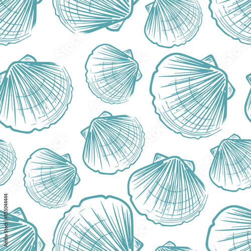 Seamless seashell pattern on white background.