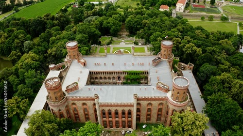 Aerial View Of Kamieniec Zabkowicki Palace - Medieval Castle In Lower Silesia, Poland. Cloistered Courtyard Revealed. photo