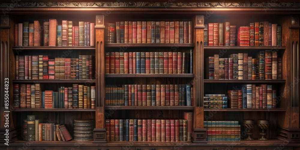 Antique Bookcase Filled With Leather-Bound Volumes Antique Bookcase Filled With Leather-Bound Volumes