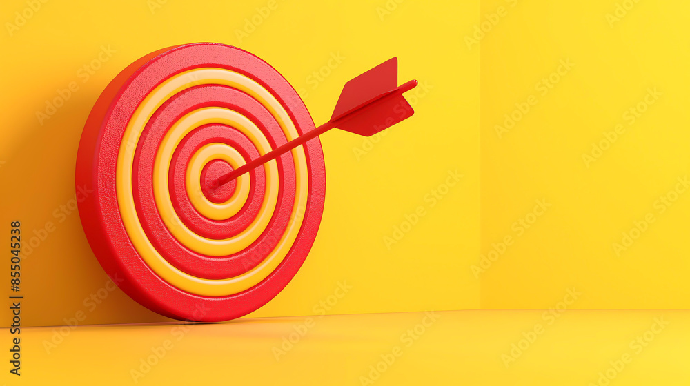 Creative illustration of red round shaped target with thin arrow representing concept of setting goals correctly on yellow background Creative illustration of red round shaped target with thin arrow representing concept of setting goals correctly on yellow background