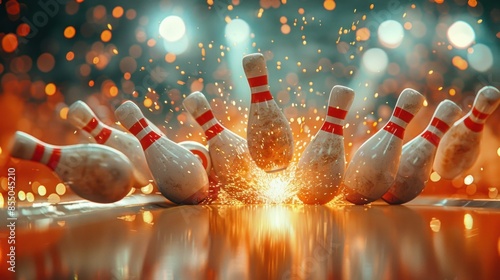 A bowling game with a lot of pins falling photo