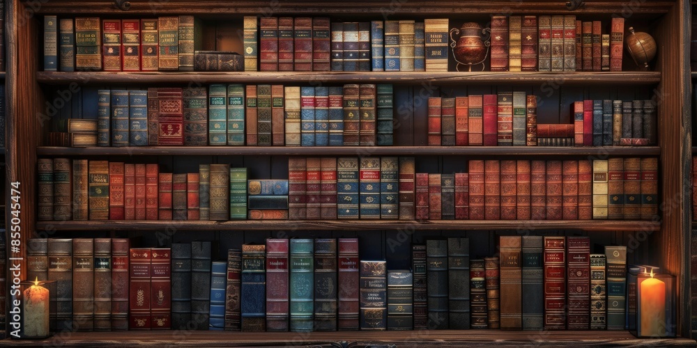 Antique Bookshelf Filled With Leather-Bound Volumes Antique Bookshelf Filled With Leather-Bound Volumes