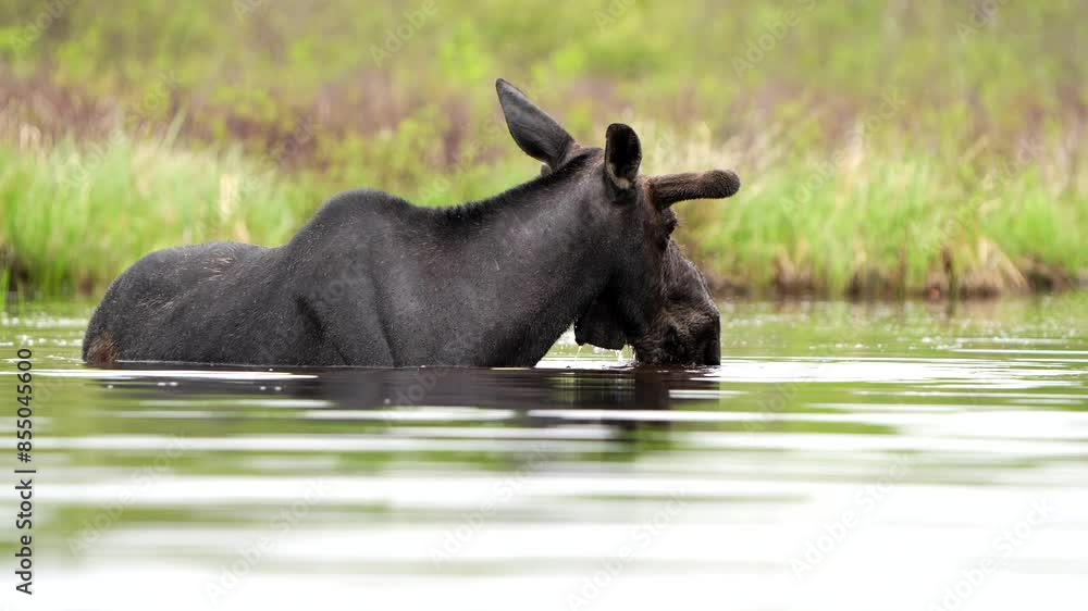 A bull moose lifts its head out of the water several times while feeding on aquatic plants in a pond on a summer day. Shot at 60 frames per second. A bull moose lifts its head out of the water several times while feeding on aquatic plants in a pond on a summer day. Shot at 60 frames per second.