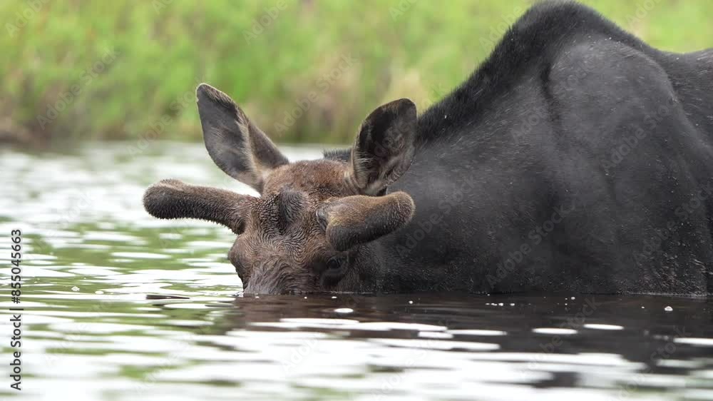A zoomed in shot of a bull moose lifting its head out of the water while feeding. Shot at 60 frames per second. A zoomed in shot of a bull moose lifting its head out of the water while feeding. Shot at 60 frames per second.