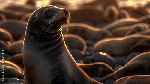 A seal is looking at the camera with its nose pointed towards the camera. The image has a moody and mysterious feel to it, as the seal is surrounded by rocks and he is alone photo
