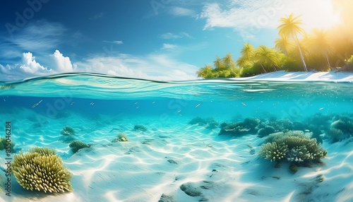 Tropical ocean with white sandy sea bottom underwater.