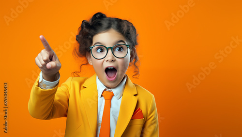 Une jeune fille avec des lunettes et un costume, le doigt levé, l'air surpris, sur un fond isolé de couleur orange dans le style d'une photographie publicitaire, image avec espace pour texte. photo