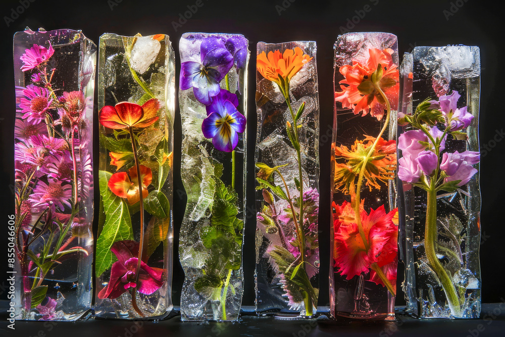 Fototapeta premium Several Translucent Ice Blocks with Colorful Flowers Inside