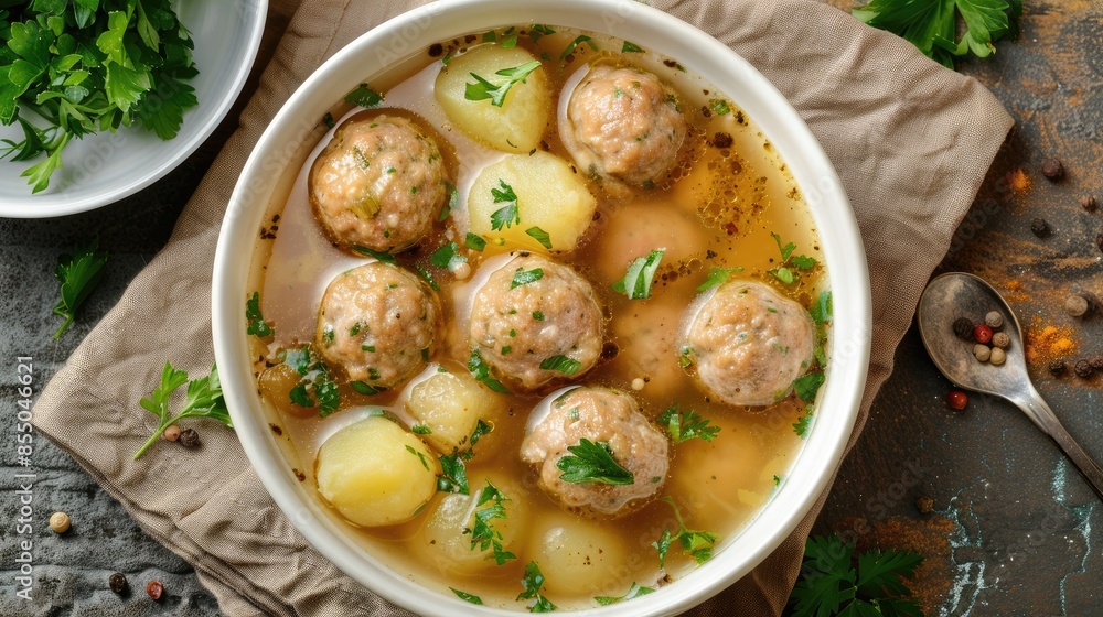 Top view of meatball and potato ball soup in a white bowl on a brown stone background Top view of meatball and potato ball soup in a white bowl on a brown stone background