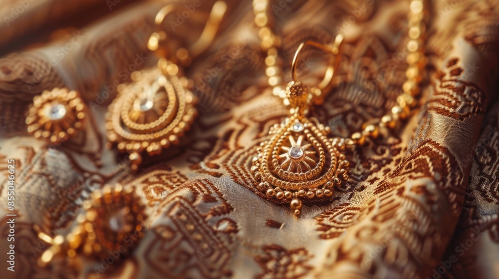 Golden jewelry set for women on brown background focusing closely on earrings ring and necklace with pendant Golden jewelry set for women on brown background focusing closely on earrings ring and necklace with pendant