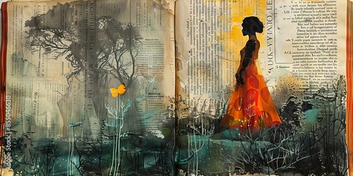 Silhouette Woman with Butterfly: Mixed Media on Vintage Book Pages photo