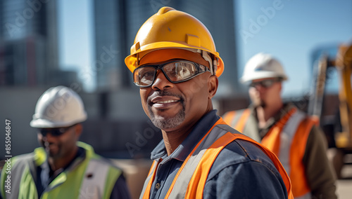 Portrait d'un ouvrier du bâtiment afro-américain, souriant, âgé de 40 ans, portant des lunettes, un casque orange et regardant devant lui, ouvriers en arrière-plan. © David Giraud