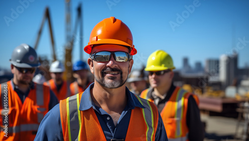 Des ouvriers du bâtiment souriants, portant des lunettes et un casque de sécurité, chantier en arrière-plan, ciel bleu. photo