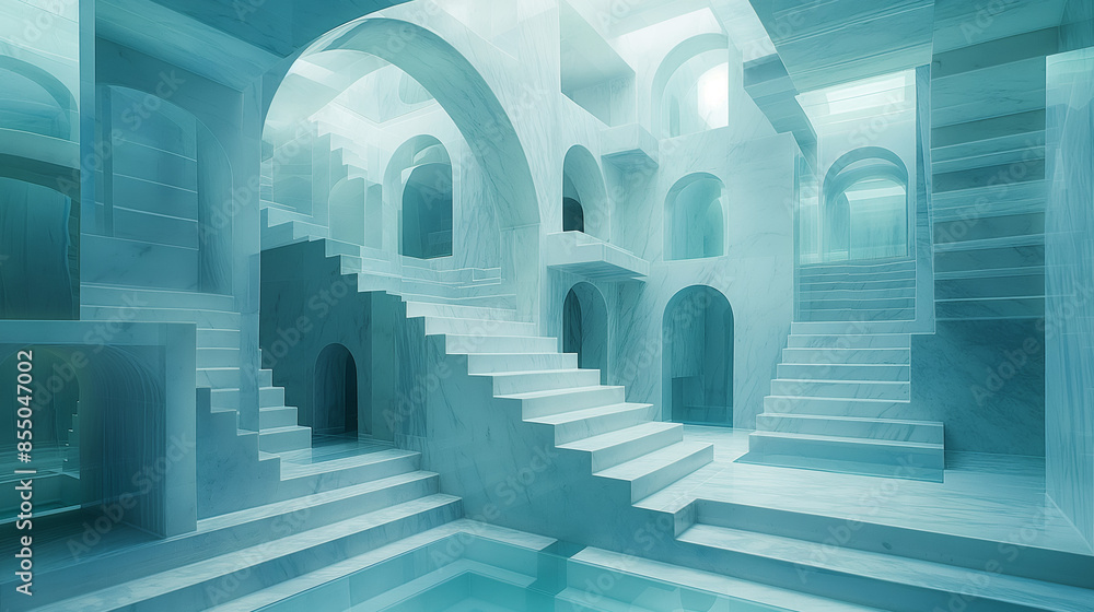 Obraz premium Abstract architectural design with a central pool and white staircases leading to open arches and windows. Light streams through the structure.