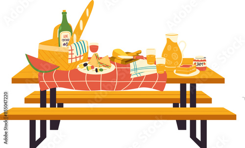 Vector illustration of picnic table with food, drink and picnic basket.