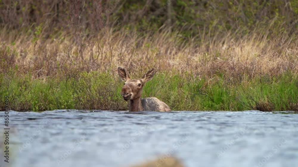 A young bull moose jumps into the water and begins swimming. Shot at 60 frames per second. A young bull moose jumps into the water and begins swimming. Shot at 60 frames per second.