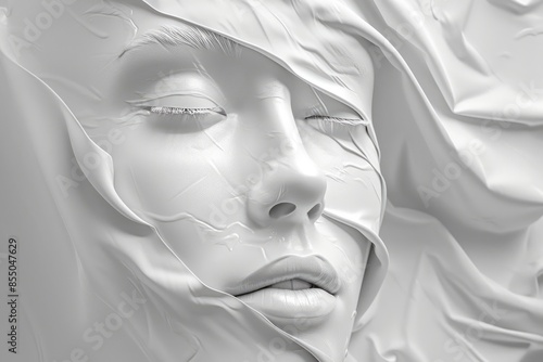 White woman face on white background with closed eyes, sensation. Milk waves.