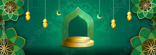 Realistic Happy muharram podium backgroud, muharram festival muslim holiday suitable for greeting card, business, poster, est